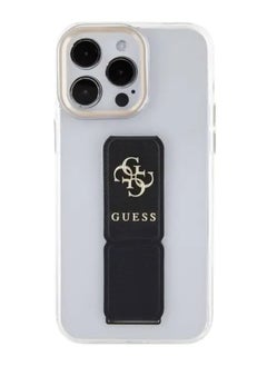 GUESS iPhone 15 Pro Case Grip stand Clear Back Cover with Saffiano Grip Leather and 4G Logo / Drop Protection / Easy Snap-On / Slim Profile - Black  - Image 1