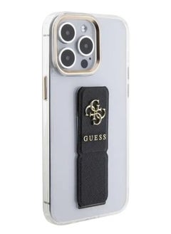GUESS iPhone 15 Pro Case Grip stand Clear Back Cover with Saffiano Grip Leather and 4G Logo / Drop Protection / Easy Snap-On / Slim Profile - Black  - Image 2
