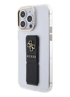 GUESS iPhone 15 Pro Case Grip stand Clear Back Cover with Saffiano Grip Leather and 4G Logo / Drop Protection / Easy Snap-On / Slim Profile - Black  - Image 3