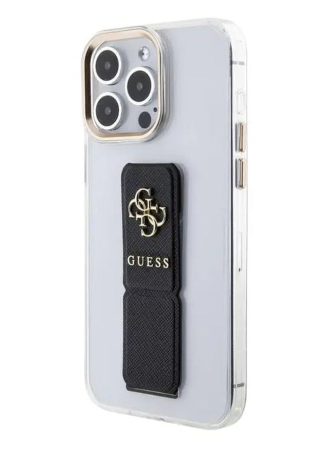 GUESS iPhone 15 Pro Case Grip stand Clear Back Cover with Saffiano Grip Leather and 4G Logo / Drop Protection / Easy Snap-On / Slim Profile - Black  - Image 3