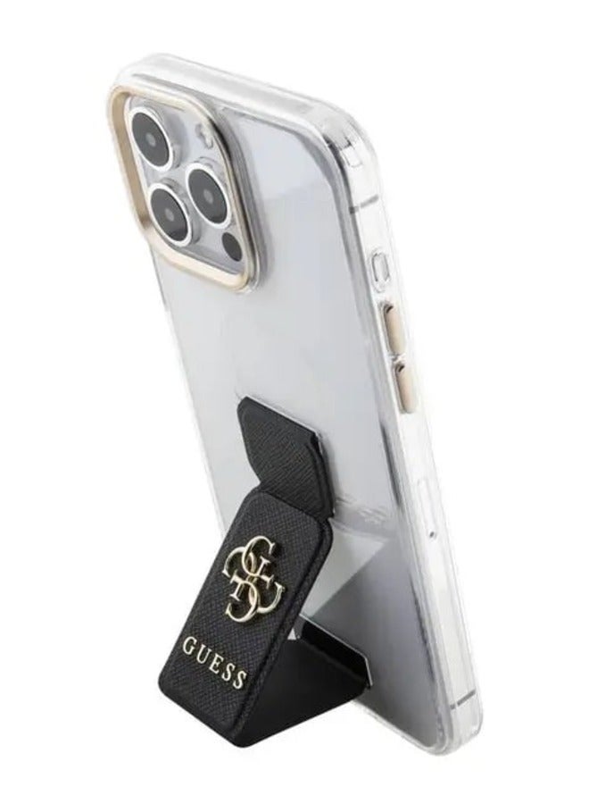 GUESS iPhone 15 Pro Case Grip stand Clear Back Cover with Saffiano Grip Leather and 4G Logo / Drop Protection / Easy Snap-On / Slim Profile - Black  - Image 5