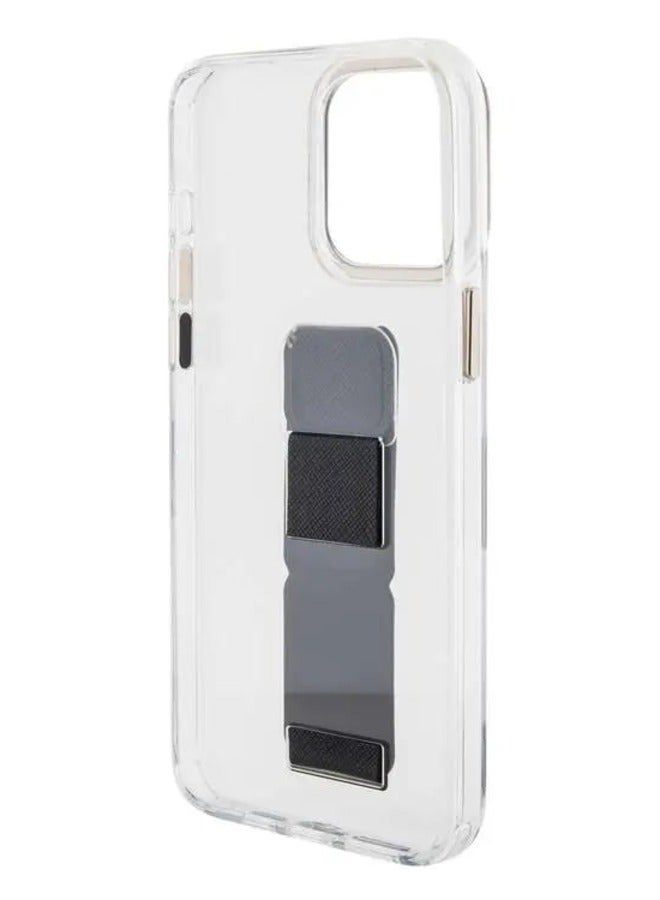 GUESS iPhone 15 Pro Case Grip stand Clear Back Cover with Saffiano Grip Leather and 4G Logo / Drop Protection / Easy Snap-On / Slim Profile - Black  - Image 4