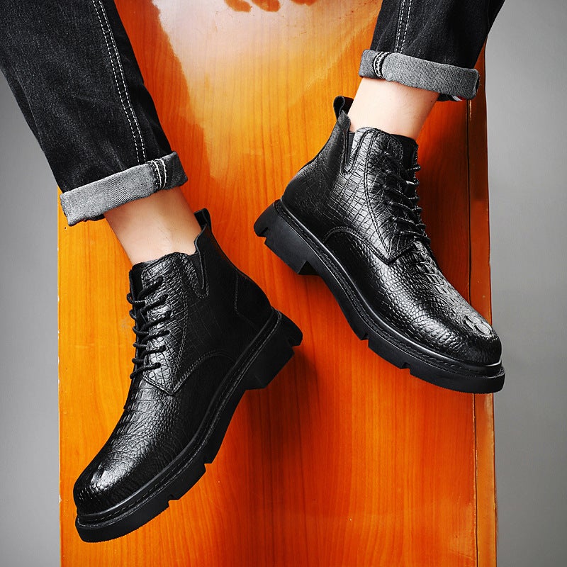 2023 New Genuine Leather Crocodile Pattern Casual Leather Boots Outdoor Cotton-Padded Warm Martin Boots Workwear Martin Boots - Image 5