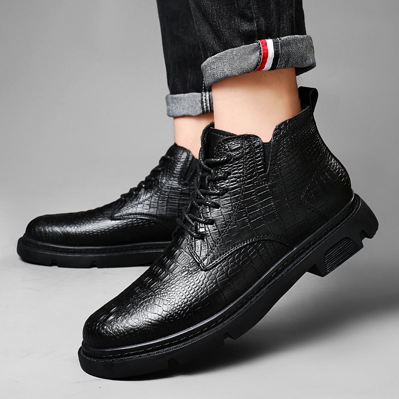 2023 New Genuine Leather Crocodile Pattern Casual Leather Boots Outdoor Cotton-Padded Warm Martin Boots Workwear Martin Boots - Image 4