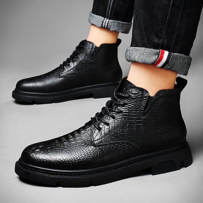 2023 New Genuine Leather Crocodile Pattern Casual Leather Boots Outdoor Cotton-Padded Warm Martin Boots Workwear Martin Boots - Image 3