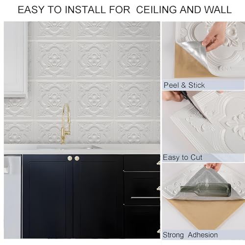 Dureidos Ceiling Tiles Peel and Stick Foam 16 Pcs Covered 21 SqFt 3D Wall Panels Peel and Stick Floral Look Easy to Install and Cut for Ceiling and Interior Wall Decor Plain White138 x 138 inch - Image 3