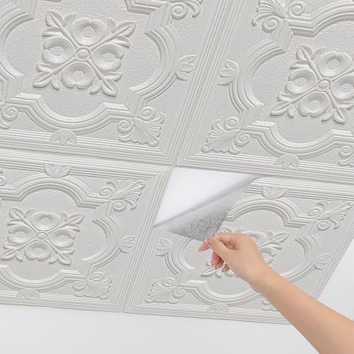 Dureidos Ceiling Tiles Peel and Stick Foam 16 Pcs Covered 21 SqFt 3D Wall Panels Peel and Stick Floral Look Easy to Install and Cut for Ceiling and Interior Wall Decor Plain White138 x 138 inch - Image 1