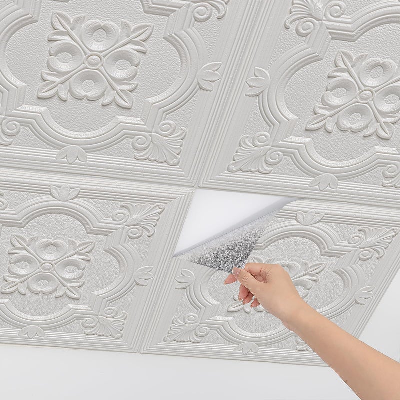 Dureidos Ceiling Tiles Peel and Stick Foam 16 Pcs Covered 21 SqFt 3D Wall Panels Peel and Stick Floral Look Easy to Install and Cut for Ceiling and Interior Wall Decor Plain White138 x 138 inch - Image 2