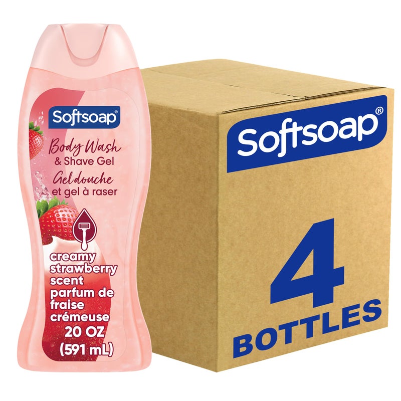 Softsoap Moisturizing Body Wash and Shave Gel, Creamy Strawberry Scent, 20 fl oz Bottle (Pack of 4) - Image 1