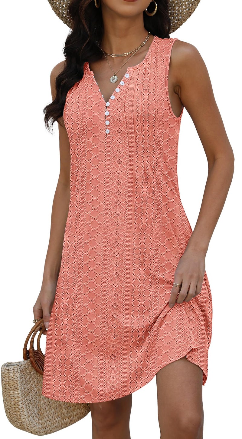 Disamer Beach Dresses for Women 2026 Vacation Swim Cover up V-Neck Summer Dress Button Down Sleeveless Boho Floral Sundress,Lace Orange,Large - Image 2