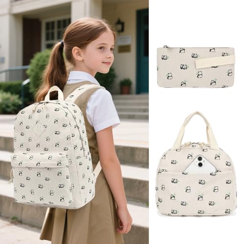 Yusudan Corduroy Girls Backpack Set 3PCS School Backpacks for Kids Elementary Middle School Bags with Lunch Box Pencil Case Beige Corduroy Panda - Image 3