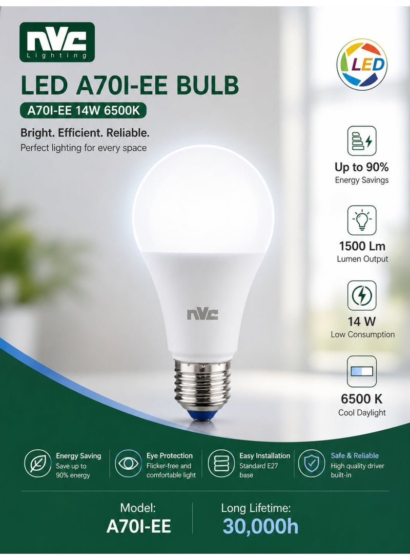 NVC A Bulb LED A70I-EE 14W 6500K E27 Ultra Bright High Efficiency (Living Room/ Café / Office) - Image 3