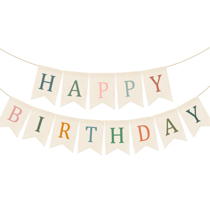Doumeny Happy Birthday Burlap Banner Boho Birthday Garland Bunting Sage Green Pink Bohemian Party Hanging Flag White Happy Birthday Party Bunting Garland for Women Men Birthday Kid Photo Backdrop - Image 1