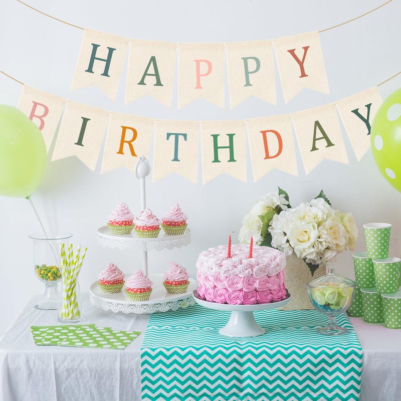 Doumeny Happy Birthday Burlap Banner Boho Birthday Garland Bunting Sage Green Pink Bohemian Party Hanging Flag White Happy Birthday Party Bunting Garland for Women Men Birthday Kid Photo Backdrop - Image 4