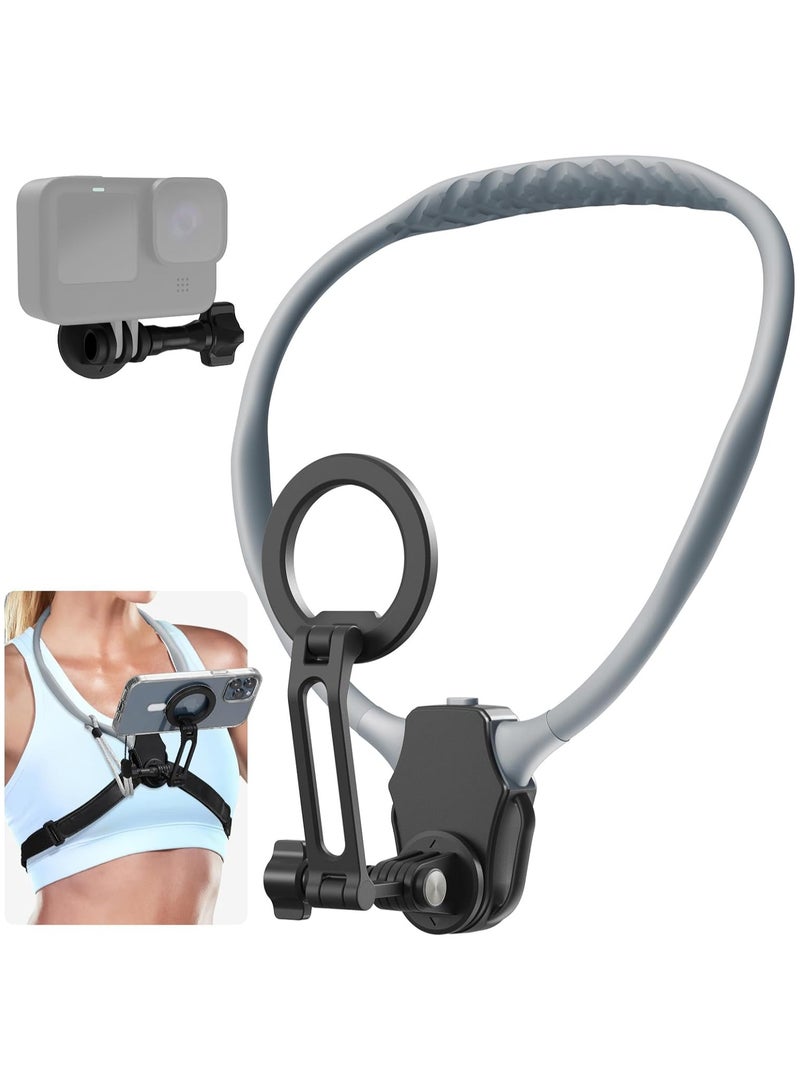 Arabest Magnetic Neck Mount for Phones, POV Phone Holder, Vlog Neck Mount with Anti-Vibration Chest Strap for Insta360, Magnetic Neck Holder for Phone 16 15 14 13 12 Series (Light Grey)  - Image 1