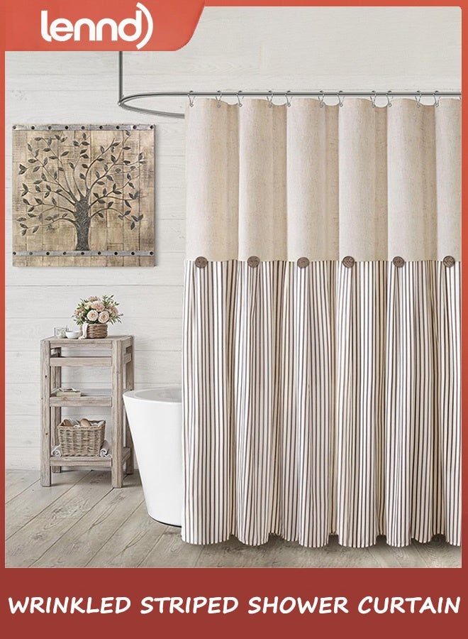 LENND Farmhouse Shower Curtain Linen Beige Button Woven Fabric Country Rustic Western, Pleated Brown Stripe 180cm W x 180cm L - Image 1