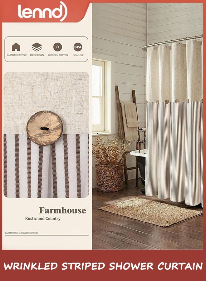 LENND Farmhouse Shower Curtain Linen Beige Button Woven Fabric Country Rustic Western, Pleated Brown Stripe 180cm W x 180cm L - Image 5
