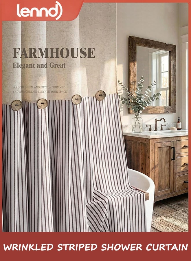 LENND Farmhouse Shower Curtain Linen Beige Button Woven Fabric Country Rustic Western, Pleated Brown Stripe 180cm W x 180cm L - Image 3