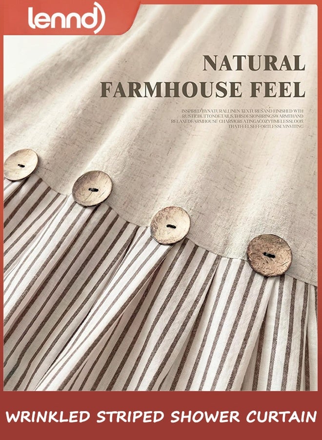 LENND Farmhouse Shower Curtain Linen Beige Button Woven Fabric Country Rustic Western, Pleated Brown Stripe 180cm W x 180cm L - Image 2