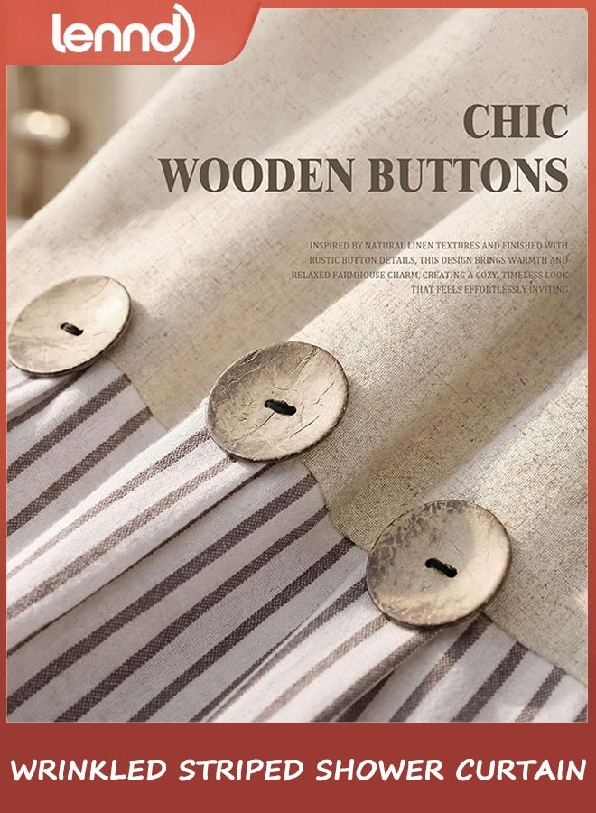 LENND Farmhouse Shower Curtain Linen Beige Button Woven Fabric Country Rustic Western, Pleated Brown Stripe 180cm W x 180cm L - Image 4