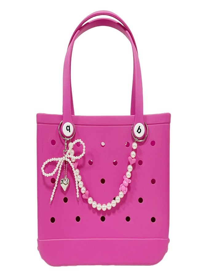 QTKJ Bow Tie Charm for Bogg Bag, Pearls Chain Accessories, Purse Strap Extender, Purse Chains For Women Rubber Beach Bag Tote Handbag Crossbody Shoulder Decoration, With Metal Buckle（Hot Pink）, White, - Image 1