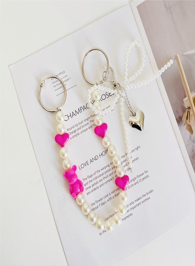 QTKJ Bow Tie Charm for Bogg Bag, Pearls Chain Accessories, Purse Strap Extender, Purse Chains For Women Rubber Beach Bag Tote Handbag Crossbody Shoulder Decoration, With Metal Buckle（Hot Pink）, White, - Image 2