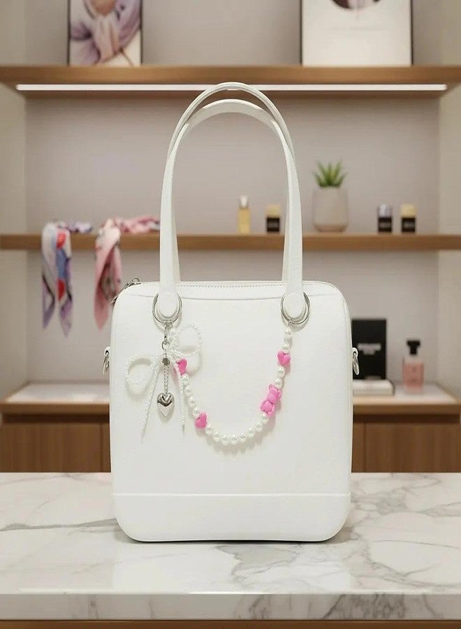 QTKJ Bow Tie Charm for Bogg Bag, Pearls Chain Accessories, Purse Strap Extender, Purse Chains For Women Rubber Beach Bag Tote Handbag Crossbody Shoulder Decoration, With Metal Buckle（Hot Pink）, White, - Image 4
