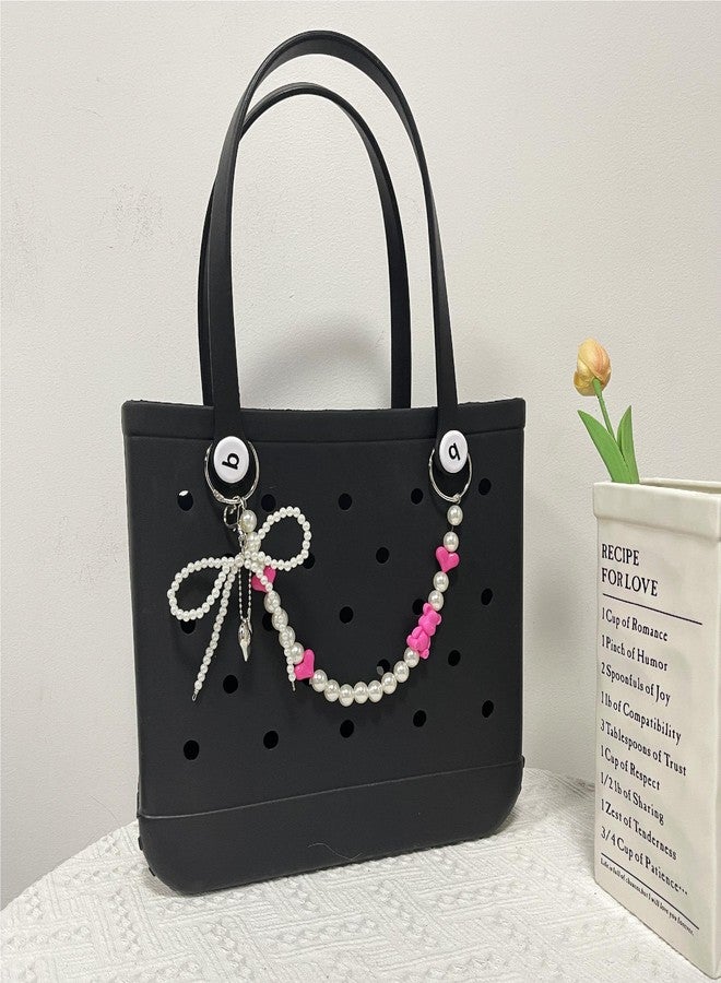QTKJ Bow Tie Charm for Bogg Bag, Pearls Chain Accessories, Purse Strap Extender, Purse Chains For Women Rubber Beach Bag Tote Handbag Crossbody Shoulder Decoration, With Metal Buckle（Hot Pink）, White, - Image 5