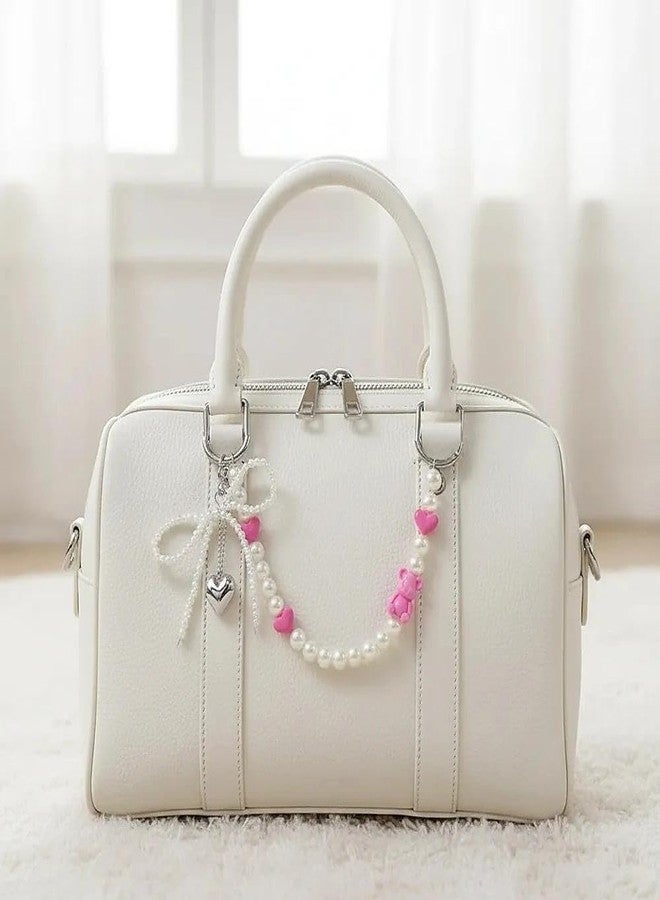 QTKJ Bow Tie Charm for Bogg Bag, Pearls Chain Accessories, Purse Strap Extender, Purse Chains For Women Rubber Beach Bag Tote Handbag Crossbody Shoulder Decoration, With Metal Buckle（Hot Pink）, White, - Image 3