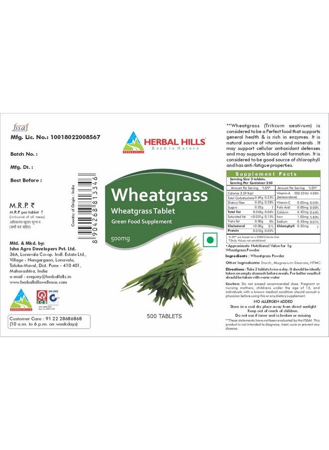 Herbal Hills Wheatgrass Tablets (500 Count Pack of 1) - pzsku/Z8D4EBE40EB05BE1A323DZ/45/_/1735908107/92994441-7657-46a8-98b8-ca3fbbcff0fe