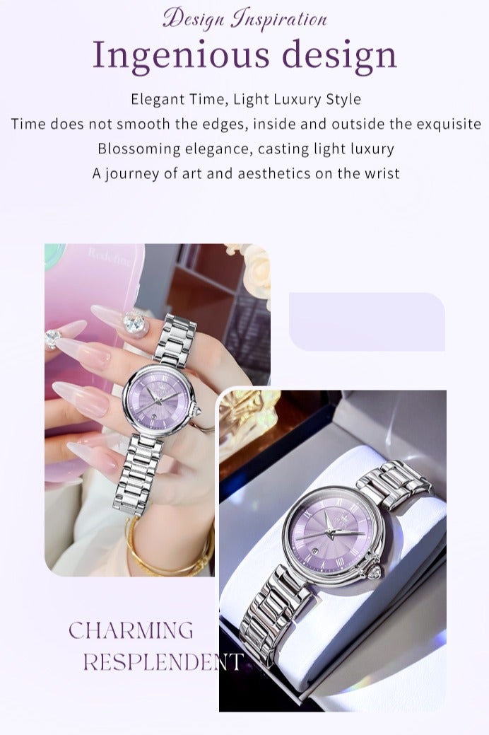 أوليفز ساعة كوارتز نسائية بتصميم فاخر أنيق، مرصعة بالكريستال، بسوار من الفولاذ المقاوم للصدأ، مقاومة للماء مع وظيفة التقويم - Image 2