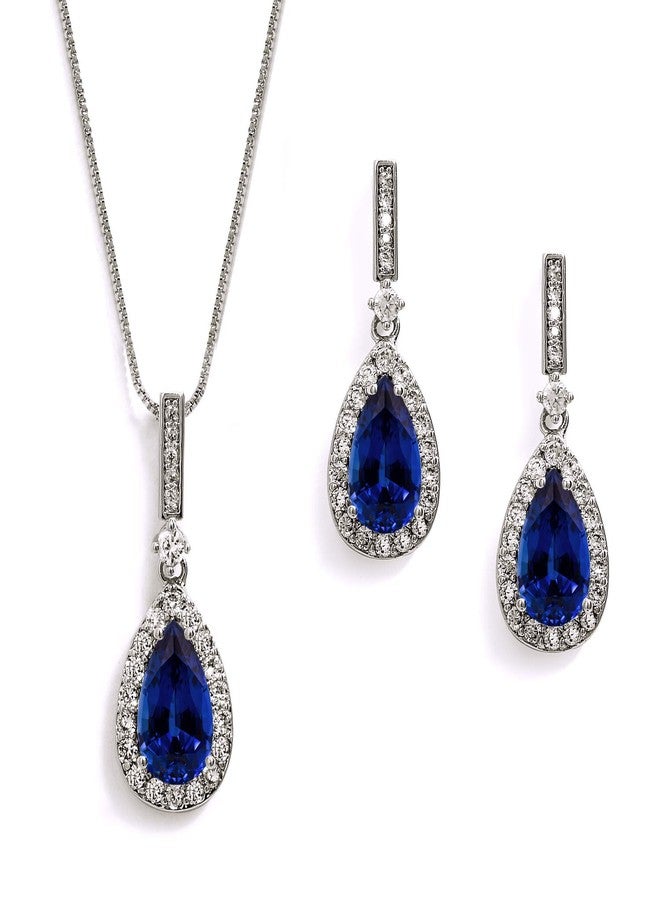 Mariell Bridal Wedding Necklace and Earring Set, Sapphire Blue CZ Pendant and Drop Earrings for Brides - Image 1