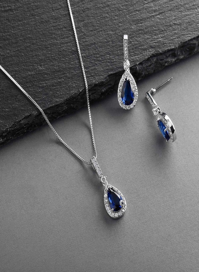 Mariell Bridal Wedding Necklace and Earring Set, Sapphire Blue CZ Pendant and Drop Earrings for Brides - Image 3