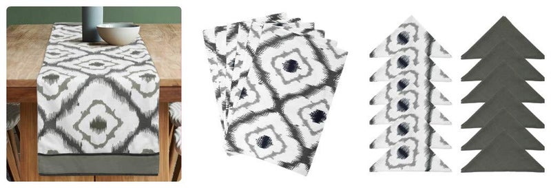 Dekor World 3 Ikat Printed Grey Table Runner with 4 Pcs Place Mat and Napkin (33x120cm/33x47cm/45x45cm) (Pack of 13 Pcs)-4 Seater Dinning & Center Table - Image 1