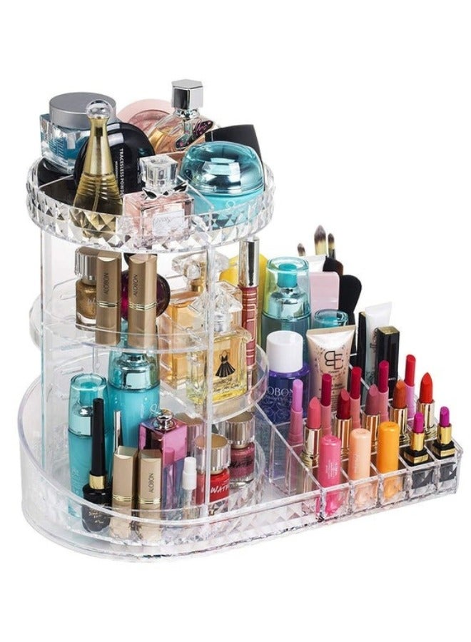 Rotating Makeup Organizer Station Nail Bar 360 Degree Rotating Adjustable Carousel with Large Tray Box for Lipsticks Cosmetics Skincare Great for Vanity Bathroom Bedroom-Clear - Image 1