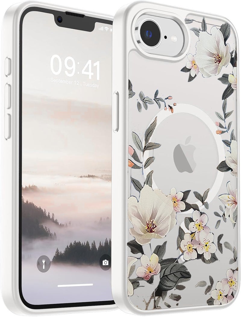 VONZEE® Compatible with iPhone 17e/ iPhone 16e/SE4 Case, Luxury Retro Flowers Floral Clear for Magnetic Wireless Charging Case PC+TPU Cute Glossy Shiny Cover for Girls Women, White - Image 1