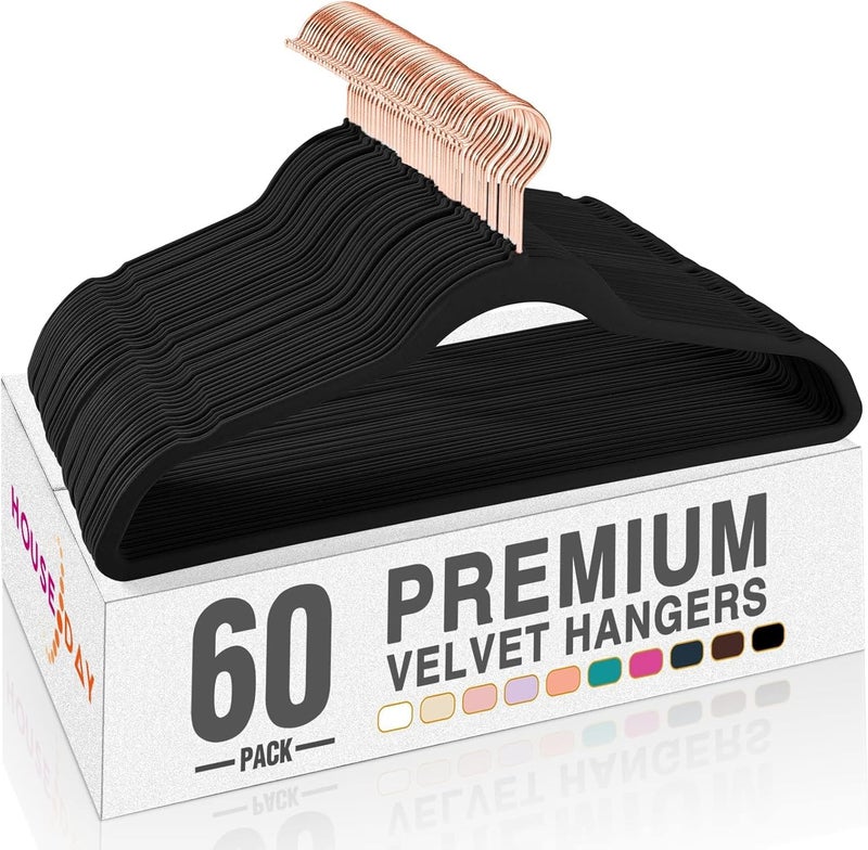 HOUSE DAY Black Velvet Hangers 60 Pack, Premium Non-Slip Felt Hangers, Sturdy Black Clothes Coat Hanger Heavy Duty, Durable Suit Hanger for Space Saving, No Marks Gold Hook - Image 1