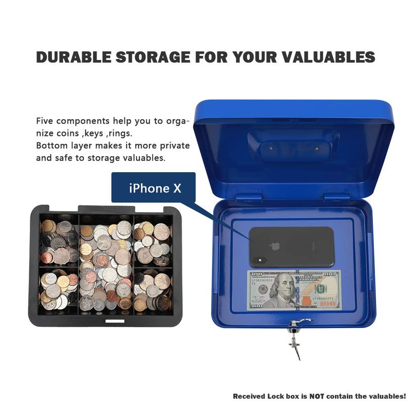 KYODOLED Large Lock Box with Money Tray,Storage Cash Box with Lock,Safe Metal Box for Money,9.84"x 7.87"x 3.54" Blue Large - Image 3
