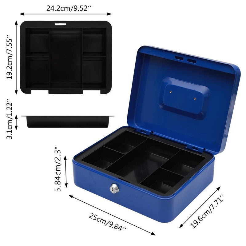 KYODOLED Large Lock Box with Money Tray,Storage Cash Box with Lock,Safe Metal Box for Money,9.84"x 7.87"x 3.54" Blue Large - Image 4