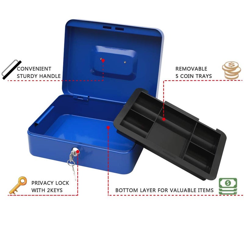 KYODOLED Large Lock Box with Money Tray,Storage Cash Box with Lock,Safe Metal Box for Money,9.84"x 7.87"x 3.54" Blue Large - Image 2