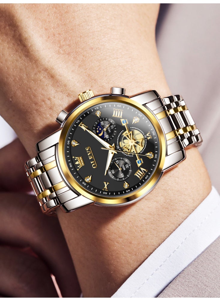 أوليفز ساعة OLEVS للرجال من الفولاذ المقاوم للصدأ كرونوغراف وجه كبير سهل القراءة ساعات كوارتز تناظرية فاخرة مقاومة للماء وتاريخ الماس مينا أرقام عربية رومانية ساعات معصم رسمية - Image 2