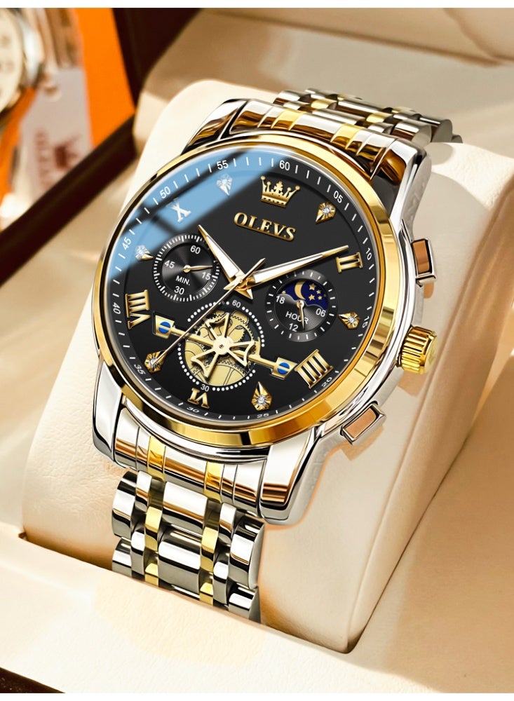 أوليفز ساعة OLEVS للرجال من الفولاذ المقاوم للصدأ كرونوغراف وجه كبير سهل القراءة ساعات كوارتز تناظرية فاخرة مقاومة للماء وتاريخ الماس مينا أرقام عربية رومانية ساعات معصم رسمية - Image 1