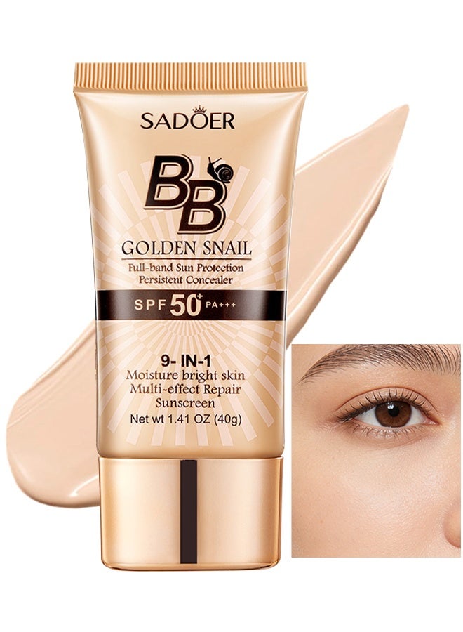 SADOER BB Golden Snail Cream, Sunscreen Golden Snail Perfect Cover BB Cream, Tinted Moisturizer With Full Coverage Concealer, Medium Buildable Coverage Foundation, SPF 50 PA++++, Long-Lasting Lightweight Formula (Ivory Color) - Image 1