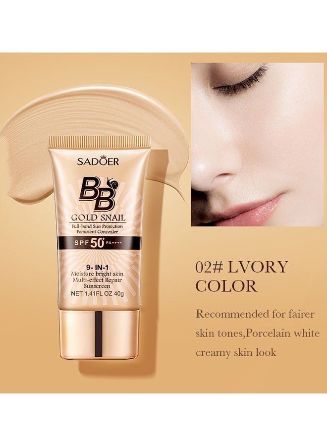 SADOER BB Golden Snail Cream, Sunscreen Golden Snail Perfect Cover BB Cream, Tinted Moisturizer With Full Coverage Concealer, Medium Buildable Coverage Foundation, SPF 50 PA++++, Long-Lasting Lightweight Formula (Ivory Color) - Image 2