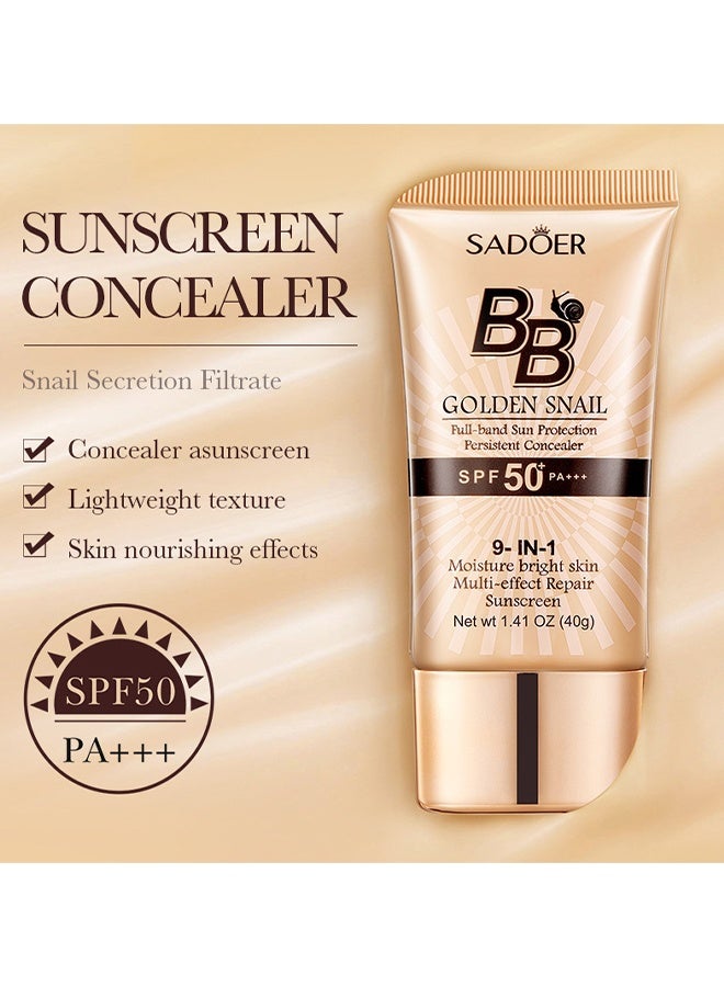 SADOER BB Golden Snail Cream, Sunscreen Golden Snail Perfect Cover BB Cream, Tinted Moisturizer With Full Coverage Concealer, Medium Buildable Coverage Foundation, SPF 50 PA++++, Long-Lasting Lightweight Formula (Ivory Color) - Image 3