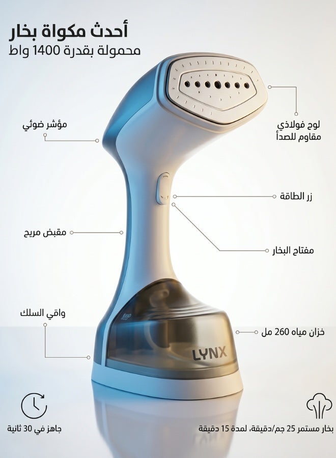 lynx Clothes Steamer, 1400-Watt Steamer for Clothes, Fast Heat-Up Steam Iron with 220ML Large Detachable Water Tank, Lightweight Travel Steamer, Travel Iron for Fabrics and Clothes Gray LY-IR-3035-GR - Image 1