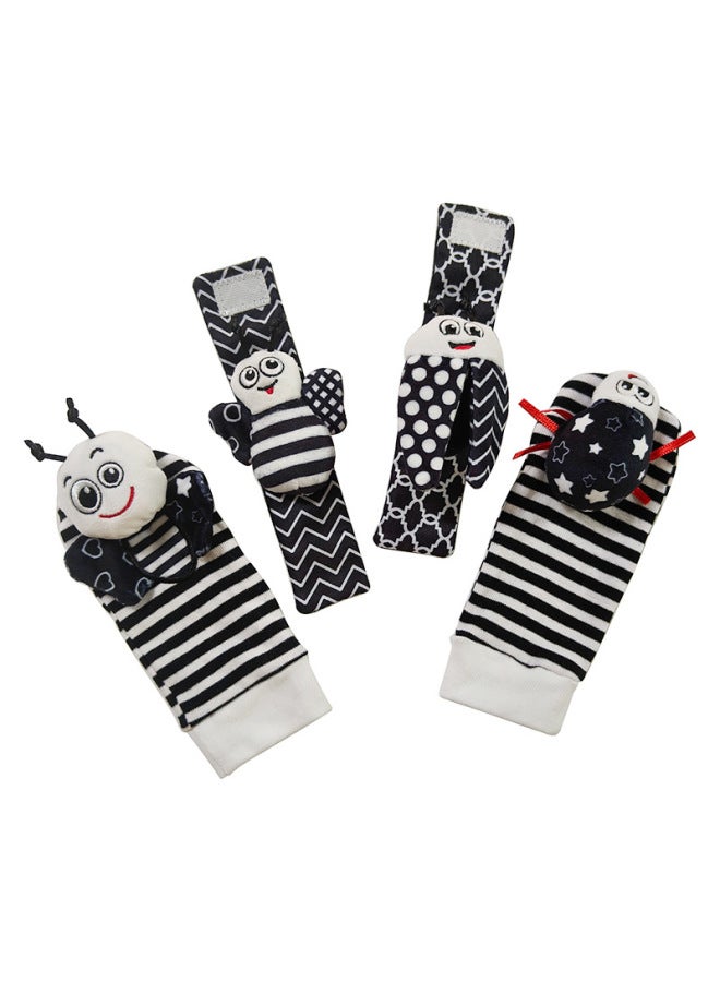 Baby Cartoon Animal Black White Red Wrist Rocking Bell Socks Newborn Wrist Strap Socks Suit Zipper Bag Packaging-Color:D905A Wrist Strap + Rattle Socks Black And White Bee Ladybug Zipper Bag ] - Image 1