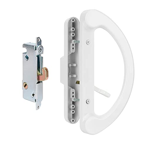 HILLMASTER Patio Door Handle Set with Mortise Lock 45° for Replacement Mortise Style Reversible Design Non-keyed Sliding Patio Glass Door Handles, Fits 3-15/16” Screw Hole Spacing White Finish - Image 1