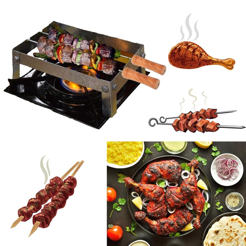 ASHMEN Barbeque Grill Set 1 BBQ Grill 2 Skewers for grilling 1 Folding Stand Baigan Bharta Chicken grill Kabab Maker Paneer Tikka Griller for Gas Chota Gas Tandoor BBQ Grill Set for Home - Image 1
