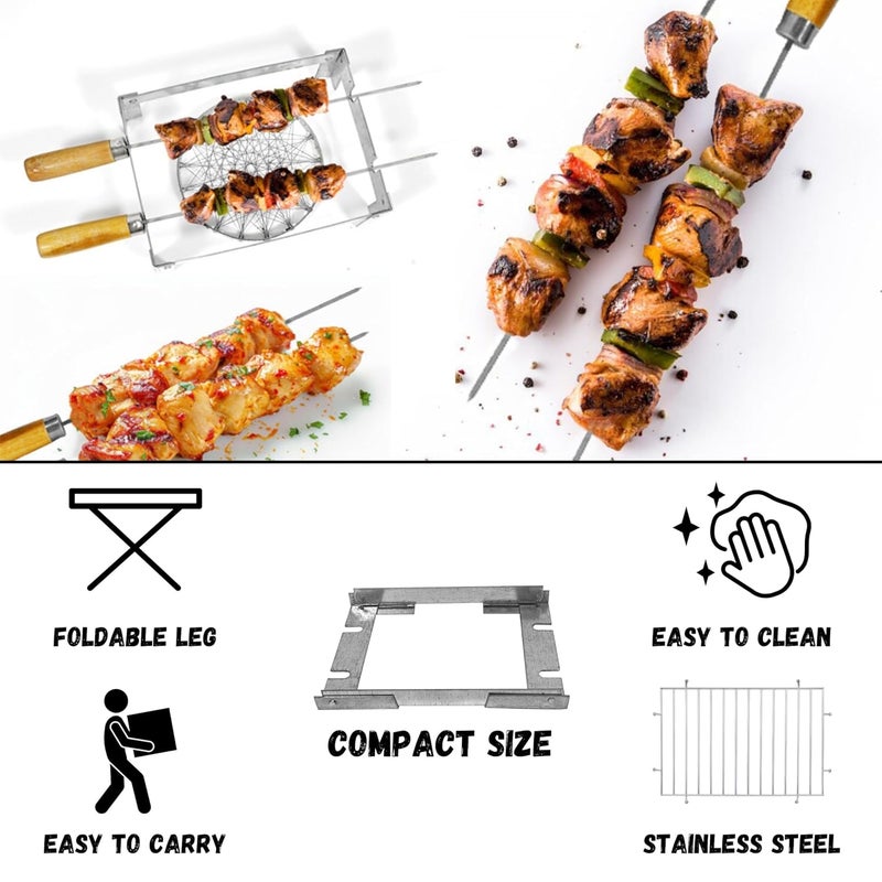 ASHMEN Barbeque Grill Set 1 BBQ Grill 2 Skewers for grilling 1 Folding Stand Baigan Bharta Chicken grill Kabab Maker Paneer Tikka Griller for Gas Chota Gas Tandoor BBQ Grill Set for Home - Image 5